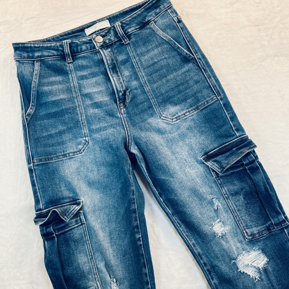 Risen Jeans Los Angeles High Rise Distressed Cargo Straight Leg Jeans RDP5787 9